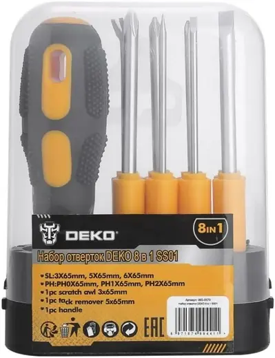 Deko SS01 набор отверток 8 в 1 (1 рукоятка + 1 гвоздодер + 1 чертилка + 6 отверток)