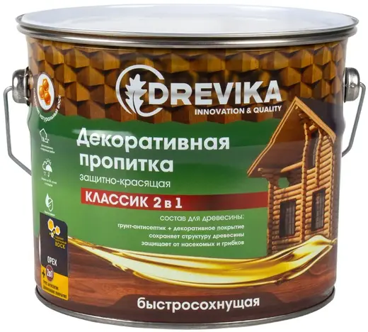 Drevika Классик 2 в 1 пропитка декоративная защитно-красящая быстросохнущая (2.7 л) орех