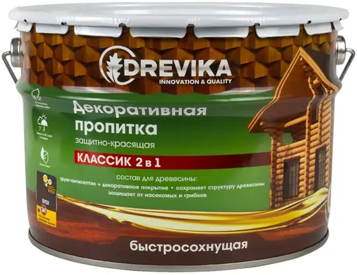 Drevika Классик 2 в 1 пропитка декоративная защитно-красящая быстросохнущая (9 л) орех