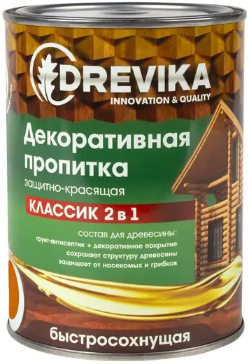 Drevika Классик 2 в 1 пропитка декоративная защитно-красящая быстросохнущая (750 мл) рябина