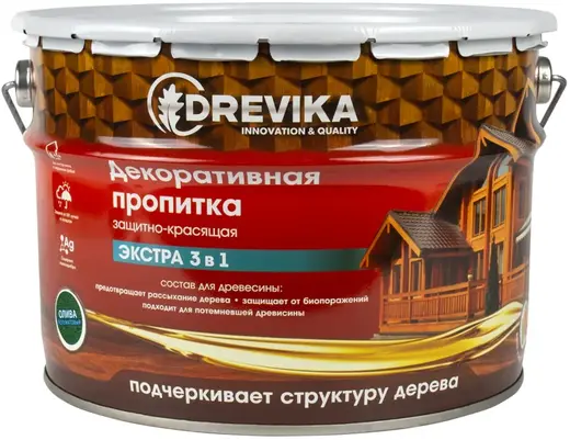 Drevika Экстра 3 в 1 пропитка декоративная защитно-красящая (9 л) олива