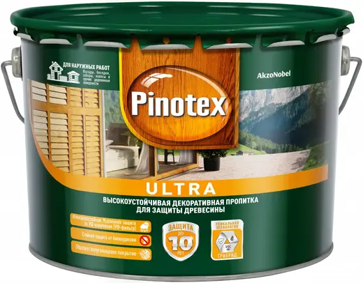 Пинотекс Ultra высокоустойчивая декоративная пропитка для защиты древесины (9 л база CLR) бесцветная полуглянцевое