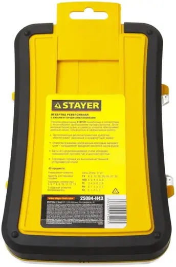 Stayer Master T-Compact-43 отвертка реверсивная с битами и торцевыми головками (1 реверсивная отвертка + 1 Т-образная отвертка + 41 бита)