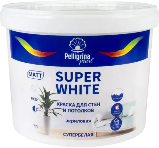 Pelligrina Pearl Super White краска интерьерная для стен и потолков акриловая супербелая (9 л)