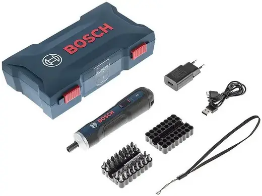 Bosch GO Kit отвертка аккумуляторная (3.6 В) 1 аккумуляторная отвертка + 1 встроенный аккумулятор + 1 кабель Micro-USB + 1 зарядное устройство USB + 1