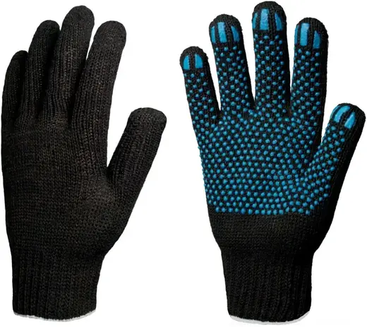 Факел-Спецодежда Люкс перчатки х/б 230-240 мм 67% хлопок, 33% полиэфир/ПВХ черные покрытие точка, 10 класс вязки