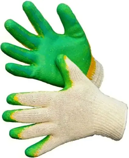 Факел-Спецодежда перчатки х/б белые/зеленые двойной облив ладонной чacти и кончиков пальцев, 4 нити, 13 класс вязки