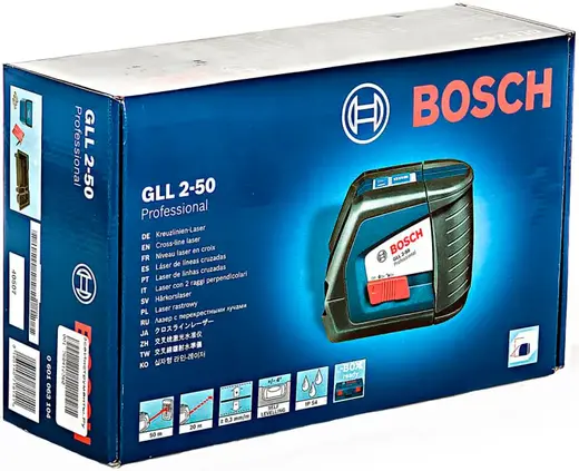 Bosch Professional GLL 2-50 нивелир лазерный линейный 1 лазерный нивелир + 3 батарейки 1.5 В LR6 (AA) + 1 чехол + 1 лазерный отражатель + 1 подставка