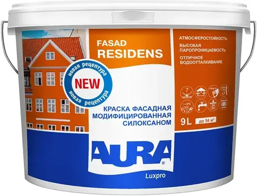 Aura Luxpro Fasad Residens краска фасадная модифицированная силоксаном (9 л) белая база TR