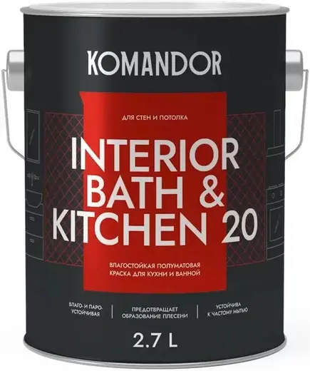 краска "interior bath&kitchen 20" влагостойкая база a 2,7 л (1) "komandor"