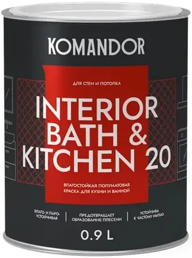 краска "interior bath&kitchen 20" влагостойкая база c 0,9 л (1/6) "komandor"