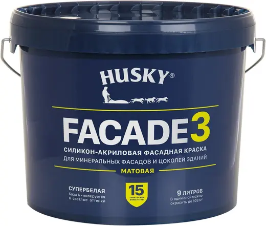 Хаски Facade 3 силикон-акриловая фасадная краска (9 л) супербелая