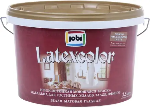 Jobi Latexcolor износостойкая моющаяся краска гладкая интерьерная (2.5 л) белая база A морозостойкая
