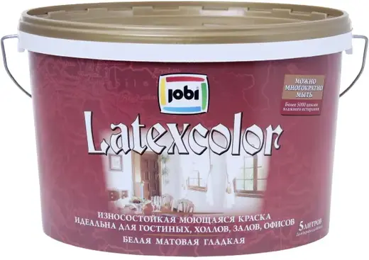 Jobi Latexcolor износостойкая моющаяся краска гладкая интерьерная (5 л) белая база A морозостойкая