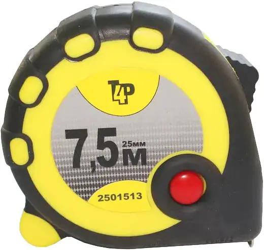 T4P рулетка с фиксатором (7.5 м*25 мм) обрезиненный пластик 3 фиксатора, зацеп с магнитом