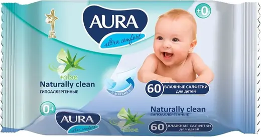 Aura Ultra Comfort+Aloe салфетки влажные для детей гипоаллергенные 0+ (60 салфеток в пачке)