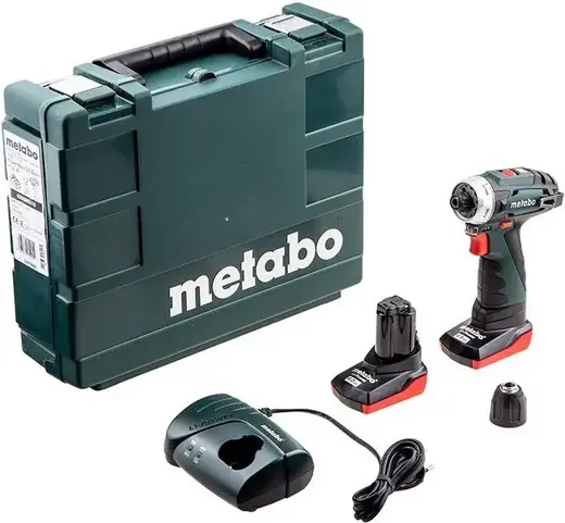 Metabo Powermaxx BS Basic дрель-шуруповерт аккумуляторная (12 В 1400 об/мин) 1 дрель + 1 быстрозажимной патрон + 1 крючок + 2 аккумулятора + 1 зарядно