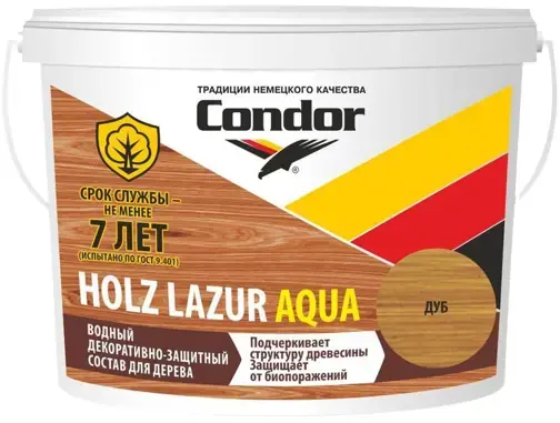 Condor Holz Lazur Aqua состав защитно-декоративный для дерева (9 л база EC) дуб