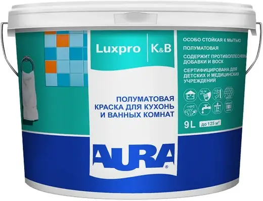 Аура Luxpro K & B полуматовая краска для кухонь и ванных комнат (9 л) белая