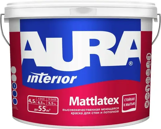 Аура Interior Mattlatex высококачественная моющаяся краска для стен и потолков (4.5 л) белая