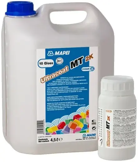 Mapei Ultracoat MT 2K акрил-полиуретановый лак на водной основе (9.46 л (2 канистры * 4.5 л + 2 бутылки * 230 мл)