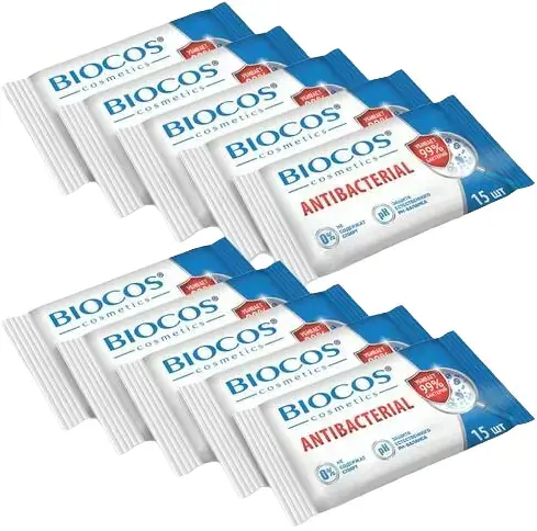 Biocos Antibacterial салфетки влажные с антибактериальным эффектом (1 спайка (10 пачек флоу-пак * 15 салфеток)