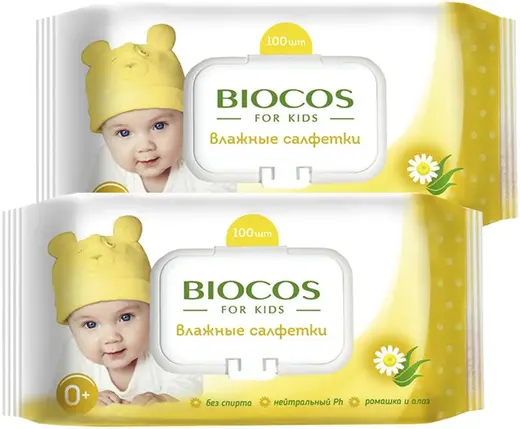 Biocos for Kids c Экстрактом Ромашки и Алоэ салфетки влажные гигиенические для детей (1 спайка (2 пачки * 100 штук)