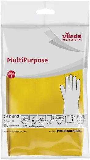 Vileda Professional Multi Purpose перчатки резиновые латексные хлопковое напыление (S) желтые