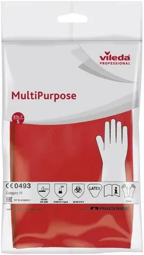 Vileda Professional Multi Purpose перчатки резиновые латексные хлопковое напыление (S) красные